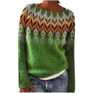 Dyhxuan Pullover Damen Vintage Strickpullover Große Größen Norweger Pulli Warm Bequem Winterpullover Elegant Sweater Rundhals Strickpulli Langarm Wollpullover Autumn Winter Oberteile Wollpulli - XL