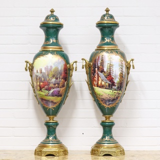 Casa Padrino Deko Vasen Grün / Gold 30 x H. 100 cm - Barockstil Porzellan Vasen Set