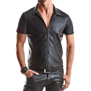 Herren T-Shirt schwarzes Wetlook Poloshirt mit Stehkragen und schwarzen Reißverschluss Slim-Fit Form - M