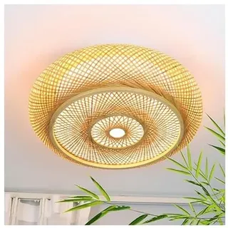 Bambus Deckenleuchte LED, Rattan Lampe mit Fernbedienung, Dimmbare Deckenlampe – Handgewebte Naturfaser Pendelleuchte E27 40W, Kronleuchter für Wohnzimmer, Schlafzimmer, Flur, Küche (40cm, Gelb)