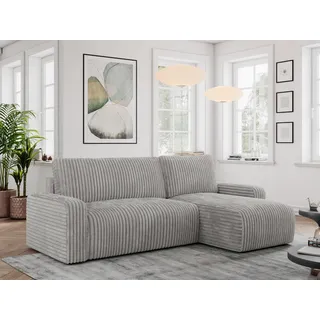 MKS MEBLE Cord Sofa, Cord Couch, Sofa L-Form mit Schlaffunktion und Bettkasten, Schlafsofa Cord, Ecksofa, Eckcouch, Couchgarnitur Ecke Bettcouch - Argos - Hellgrau Cord