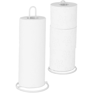 Relaxdays Küchenrollenhalter 2er Set, stehend, für Küchen- und Toilettenrollen, Metall, schlicht, HxD 32x13 cm, weiß