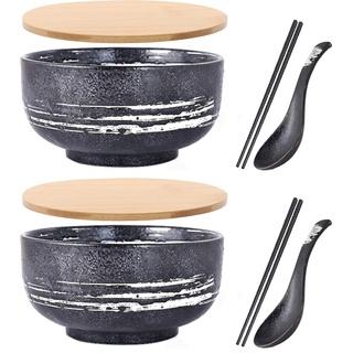 Japanischer Schüssel mit Deckel, Keramik Ramen-Schüssel, 2Er-Set Vintage Ramen Schale aus Keramik Handgezeichnete Reis Schüssel Instant Nudel Schüssel,A4