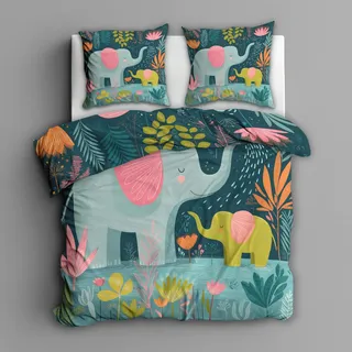 Generisch Bettwäsche 135x200 Kinder Elefant Design, 2tlg - Tiere Bettbezug und 1 Kissenbezug 80x80, Mikrofaser Wendebettwäsche mit Reißverschluss, Schlafzimmer Deko L&-8950