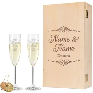 GRAVURZEILE Leonardo Sektgläser - Vintage Wedding Design + Holzkiste - personalisiert graviert mit Namen & Datum - inkl. Vintage-Holzkiste - Geschenk zur Hochzeit, Verlobung & Jahrestag
