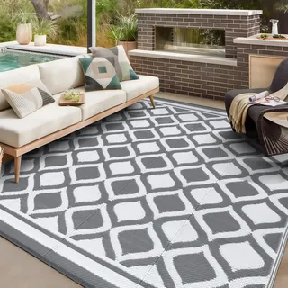 VK·LIVING Großer Outdoor Teppich Wetterfest 180X270cm Kunststoff Stroh Reversible Garten Teppiche Langlebig & UV Beständig Moderne Leichte Outdoor Matte für Balkon Terrassen Camping Hof RV Grau&Weiß