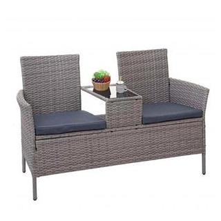 Mendler Gartenbank HWC-E24, 65246, 2-Sitzer, mit Tisch, mit Armlehnen, wetterfest, grau, Polyrattan