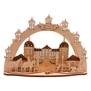 Dekohelden24 Schloss Moritzburg - Lichterbogen, Schwippbogen, Schwibbogen - Leuchterbogen mit LED- Beleuchtung, 10-flammig, Motiv:Schloss Moritzburg, L/B/H 43 x 30 x 12 cm. - Made in Germany -