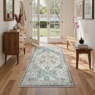 GENIMO Vintage Teppich 80x150cm, Waschbare Teppiche, Boho Teppich, Teppiche Wohnzimmer, Klein Carpet rutschfest, Schlafzimmer, Esszimmer, Büro, Grün