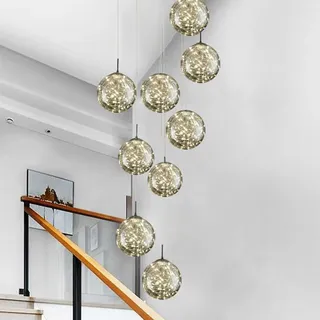 LED Kronleuchter Pendelleuchte Grauer Glaskugel Lampenschirm Modern Treppenhaus-lampe Warmes Licht Silber Metall Esszimmer Wohnzimmer Leuchte Hängelampe 8-flammig Verstellbar Luxus-Deckenlampe D40cm