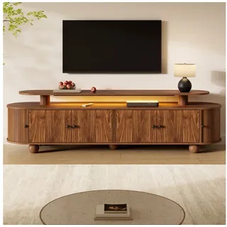 BlingBin TV-Schrank Lowboard TV Ständer mit Stauraum und LED,Walnussfarben,180x40 cm (1 Packung, 1-St., 4 Scharniertür,2 seitlichen Schiebetüren,Kabeldurchlässe,Metallgriffen) Fernsehschrank Modern Retro,für Wohnzimmer Schlafzimmer