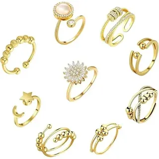 DASHUI 9 Stück Anti Stress Ring Gold, Anxiety Ring Gold, Einstellbar Stressring für Damen Herren