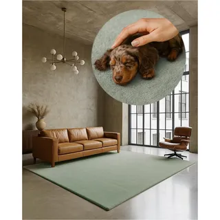 TEXMAXX Weicher Kurzflor Teppich Wohnzimmer mit rutschhemmender Rückseite | 160 x 230 cm - Modern für Flur, Esszimmer und als Schlafzimmer Teppich in Hellgrün - Waschbar bis 30 Grad