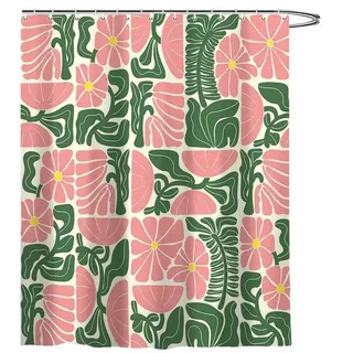 Coonoor Duschvorhang Boho Duschvorhang mit abstraktem, buntem Blumenmuster Breite 180 cm (1-tlg), Vintage Retro Patchwork – Geometrisches Botanisches Design für das Bad grün|rosa