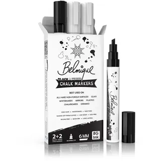 Belmique Malkreide Kreidemarker, (4 pack, 4-tlg., Schwarz und Weiß), Ideal als Kreidestifte, Fensterstifte, Tafelstifte schwarz|weiß