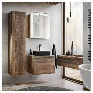 Lomadox Badmöbel Set Vintage Oak Eiche Waschtischunterschrank, Keramik Aufsatz-Waschbecken, LED-Spiegelschrank, Hochschrank