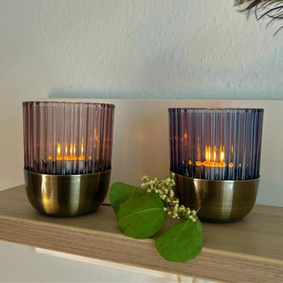 2er Windlicht Set Metall Bronze – Tischdeko edel - Retro Teelichthalter groß - Kerzenhalter modern - Deko Glas Aesthetic – Home Dekoration - Garten Laterne
