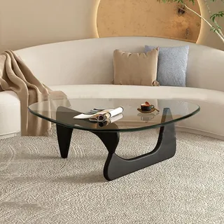 Dreieckiger Couchtisch, moderner Couchtisch (Holzgestell + dreieckige Glasplatte), für Wohnzimmer, Terrasse, Arbeitszimmer, Lounge, Büro,Black + Clear,Large