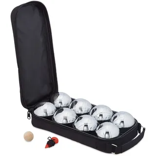 Relaxdays Boule Kugeln, Set mit Zielkugel & Abstandsmesser, Tragetasche, Boccia Spiel, Silber/schwarz, 8