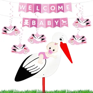BRUBAKER Welcome Baby Girlande + Großer Storch aus Holz für Mädchen - Baby Deko Set - Wimpelkette mit Anhängern und Klapperstorch - Willkommensdeko für Babyparty Babyzimmer Dekoration - Rosa