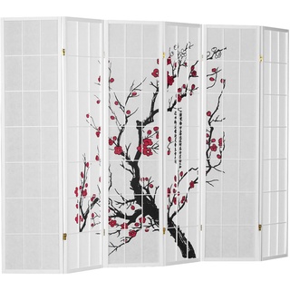 Homestyle4u 340, Paravent Raumteiler 6 teilig, Holz Reispapier, Weiß Kirschblüten Motiv