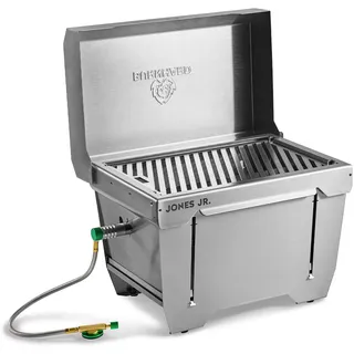 BURNHARD® Camping Gasgrill JONES Jr. Edelstahl Klappgrill mit Deckel 1-Brenner 3,2 kW inkl. Transporttasche mit Rucksackfunktion und Multitool, Faltgrill ideal für Camping