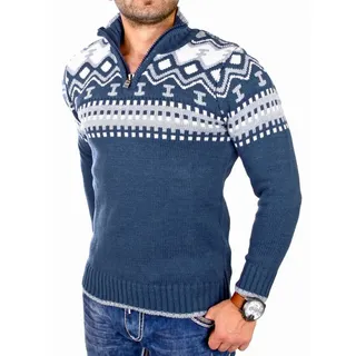 Reslad Strickpullover Reslad Herren Strickpullover Crewneck Zipper Norweger Pullover RS-3110 (1-tlg) Strickpullover Männer Norwegermuster Troyer blau XXL
