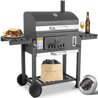 Grau Holzkohlegrill XXXL, BBQ Grillwagen Holzkohle, Kohlegrill Groß, Holzkohlegrill mit Deckel, 2PCS Räder, Thermometer und Schornstein, Smoker Grill mit Ablage, BBQ Grill für Camping und Garten