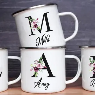 Personalisierte Emaille-Tassen Mit Ihrem Anfangsbuchstaben Und Namen, Buchstaben Kaffeetassen, Campingtassen, Kaffee, Tee, Milchtassen, Festtags, Geburtstags, Muttertags, Hochzeits Geschenke
