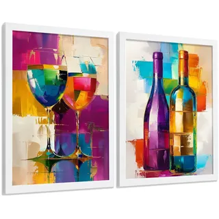 POSTER 2er Set Küchen-Wandbilder Weingläser und Flaschen Pop Art Bunt Abstrakt Esszimmer Wanddeko Weißer Rahmen A4