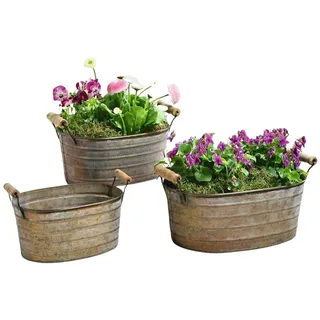 Dekoleidenschaft Pflanzkübel Metallwannen im Antik-Design mit Holzgriffen, Blumenkübel Pflanzkasten (3 St., im Set), Blumenkasten, Pflanzkübel, Metall Pflanzgefäß, Gartendeko für Draußen braun