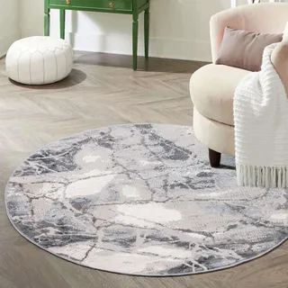 Mazovia Teppich Rund 240 cm - Kurzflor - Weich Teppich für Wohnzimmer Esszimmer - Marmor Optik Abstraktes Grau Beige 240 x 240 cm