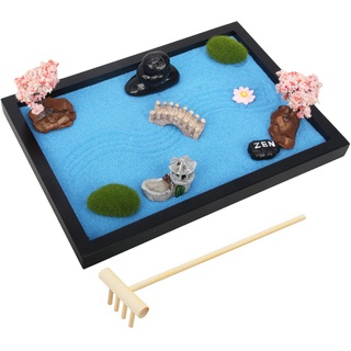 porlik Japanischer Zen-Garten für den Schreibtisch, Mini-Zen-Garten mit Sand, künstliche Bonsai-Baum, Felsen, Rechen und Zubehör (Blauer Sand)