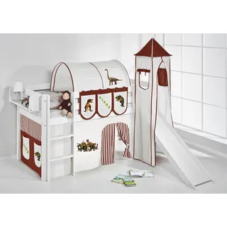 Lilokids Hochbett Spielbett JELLE Dinos - Hochbett - mit Turm, Rutsche und Vorhang Inkl. Rutsche, Vorhang und Turm