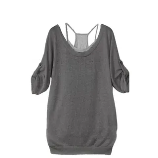 Mississhop Longpullover Damen Oberteil Tunika Longshirt + Top (2 in 1) M. Gesel (Packung Set, 2-tlg., 2er-Pack) Top mit Träger, in Melange Optik, mit V-Ausschnitt im Rücken grau S (34)