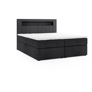 m-punkt Boxspringbett KUBA mit Bettkasten Visco Topper LED 180 x 200 cm Webstoff SCHWARZ Bettkasten Topper