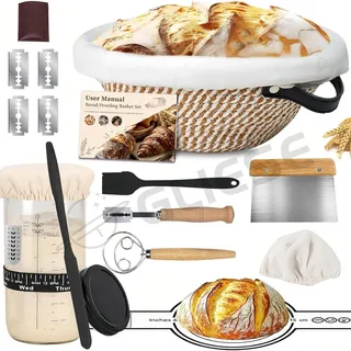 kixiyou 10-tlg Gärkorb Set, 23 cm Gärkorb rund und Komplettset Backzubehör, Gärkörbchen für Brot brot backen Einsteigerset für Anfänger