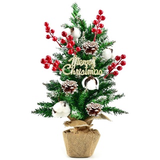 Kleemeiero Mini Weihnachtsbaum 55cm Tannenbaum Künstlich Kleiner Weihnachtsbaum Dekoriert Christbaum klein künstlich geschmückt mit Kiefernzapfen Rote Beeren Baumwollblüten für Weihnachten Deko
