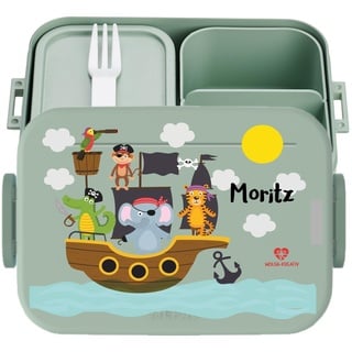 wolga-kreativ Personalisierte Brotbox türkis Mädchen und Junge mit Fächern Piratenschiff Bento Lunchbox mit Besteck und Unterteilung - Geschenk zur Einschulung, für Schule und Kindergarten
