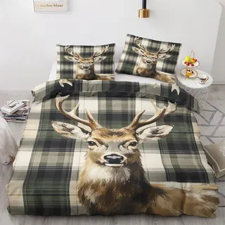 Generisch Hirsch Deko - Winter Bettwäsche 200x220 Hirsch, Rustikale Kariert Bettbezug 3teilig mit 2 Kissenbezug 80x80, Weiche Mikrofaser Winterbettwäsche mit Reißverschluss S*&120
