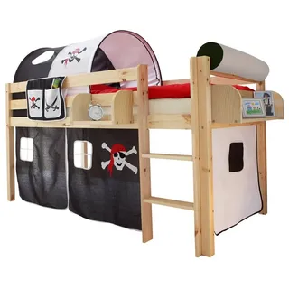 TICAA Hochbett Malte 90 x 200 cm Kiefer massiv natur pirat-schwarz-weiß