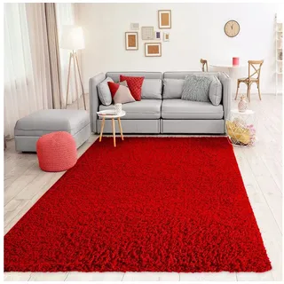 Vimoda Prime Shaggy Hochflor Langflor Teppich Einfarbig Modern Rot Hochflor für Wohnzimmer, Schlafzimmer, Maße:150 cm Quadrat