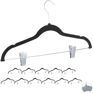 Relaxdays Samtbügel mit Clips 12er Set, 360° drehbarer Haken, Hosenbügel, rutschfeste Hemdenbügel, 43 cm breit, schwarz