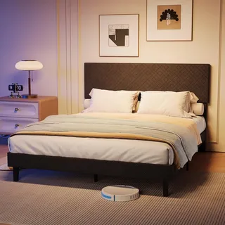 Doppelbett 140x200 Cm Mit Gepolstertem Kopfteil Und Lattenrahmen, Industrial-stil, Leinenstoff, Grau