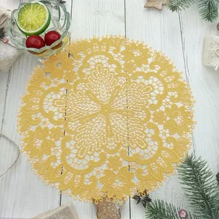 Wambere 2 Stück 26 cm Tischset aus Spitze,Spitzendeckchen Häkeldeckchen Tischdeck,Spitze Runde Stickerei Tisch Tischset,Handarbeit Geklöppelt Spitzendeckchen Placemat,für Küche, Esszimmer,Gelb A