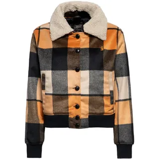 Queen Kerosin Damen Trucker Jacke Sherpajacke Collegejacke Langarm Fliegerjacke Vintage Retro Karo Winterjacke Teddyfell Wolle Wolljacke Qk - S