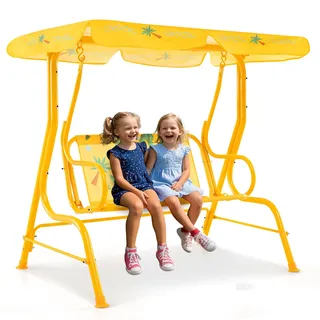 COSTWAY Kinder Hollywoodschaukel, 2-Sitzer Kinderschaukel mit verstellbarem Sonnendach & Metallgestell, Gartenschaukel mit Sicherheitsgurten, Schaukelbank Gartenbank für Kinder (Gelb)