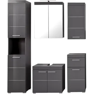 trendteam smart living - Amanda - Badezimmer Komplettset (WBU + Spiegelschrank LED + Standschrank + Hochschrank + Hängeschrank) - Agave Grau Hochglanz - (BxHxT) 163 x 190 x 34 cm - Kratzfest