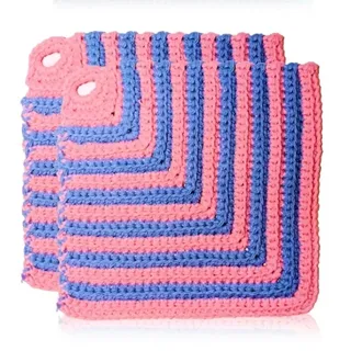 Topflappen 2er 18cm Getränkeuntersetzter Topfuntersetzer gehäkelte Lappen Baumwolle Handmade (Blau-Rosa)