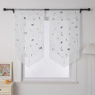 Joyswahl Kurzgardine scheibengardine, Silber, Weiß Hochglanz, Textil, Schmetterling, 60x90 cm, ohne Technik, Wohntextilien, Gardinen & Vorhänge, Fertiggardinen, Scheibengardinen